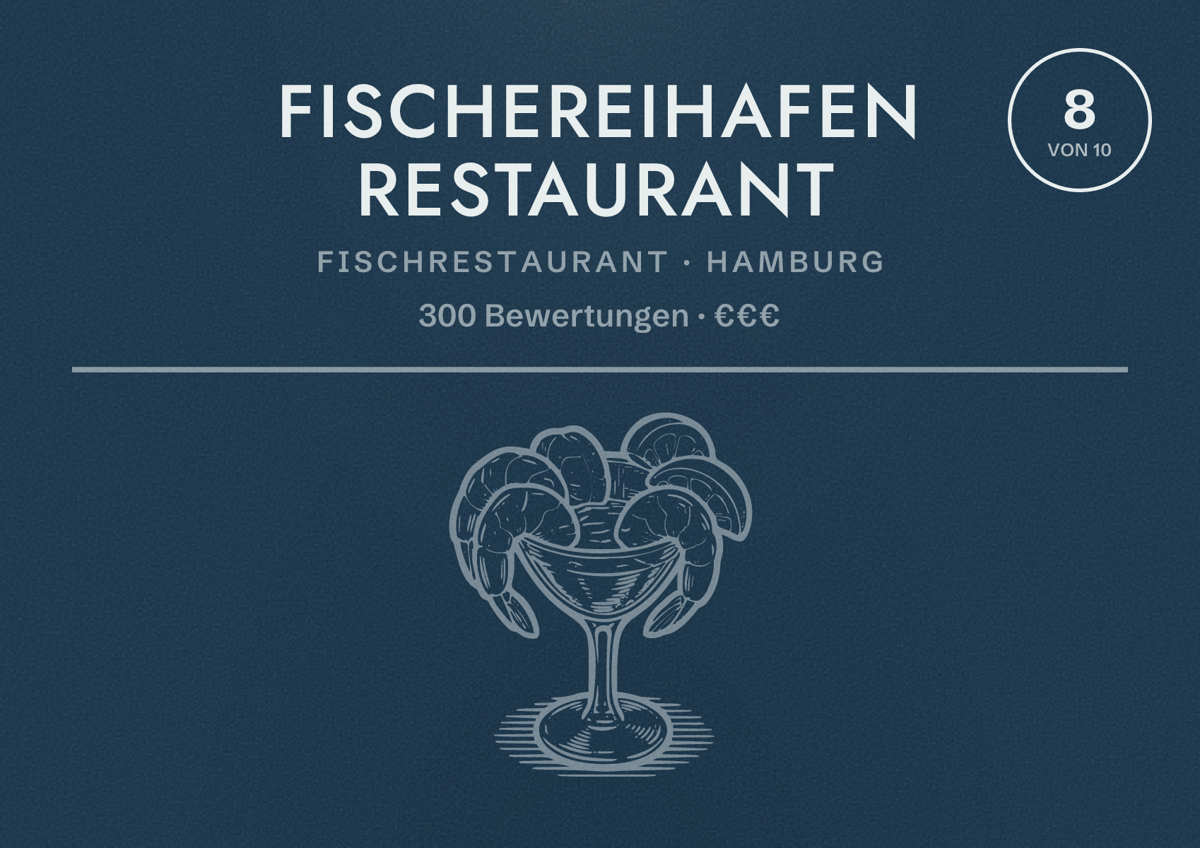 Illustriertes Poster von Fischereihafen Restaurant, Fischrestaurant in Hamburg: Bewertung 8,0 von 10 aus 300 Bewertungen, Preisniveau €€€