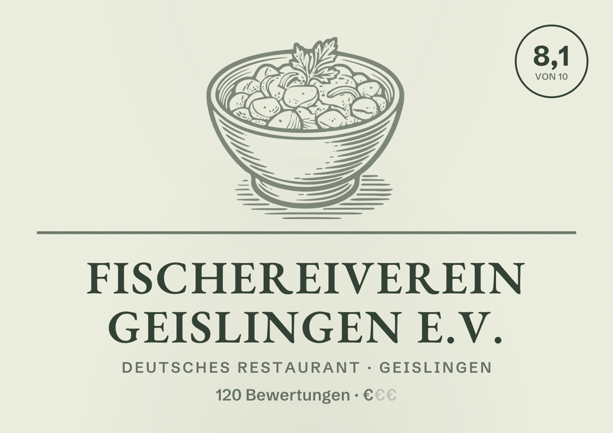 Illustriertes Poster von Fischereiverein Geislingen e.V., Deutsches Restaurant in Geislingen: Bewertung 8,1 von 10 aus 120 Bewertungen, Preisniveau €