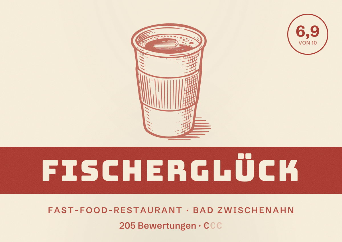 Illustriertes Poster von Fischerglück, Fast-Food-Restaurant in Bad Zwischenahn: Bewertung 6,9 von 10 aus 205 Bewertungen, Preisniveau €