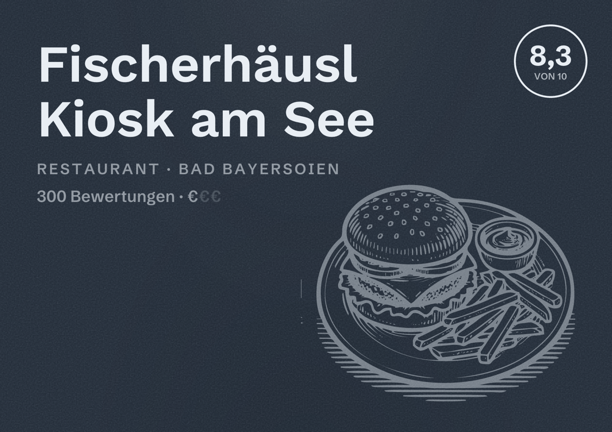 Illustriertes Poster von Fischerhäusl Kiosk am See, Restaurant in Bad Bayersoien: Bewertung 8,3 von 10 aus 300 Bewertungen, Preisniveau €