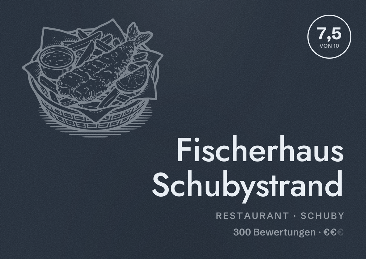 Illustriertes Poster von Fischerhaus Schubystrand, Restaurant in Schuby: Bewertung 7,5 von 10 aus 300 Bewertungen, Preisniveau €€