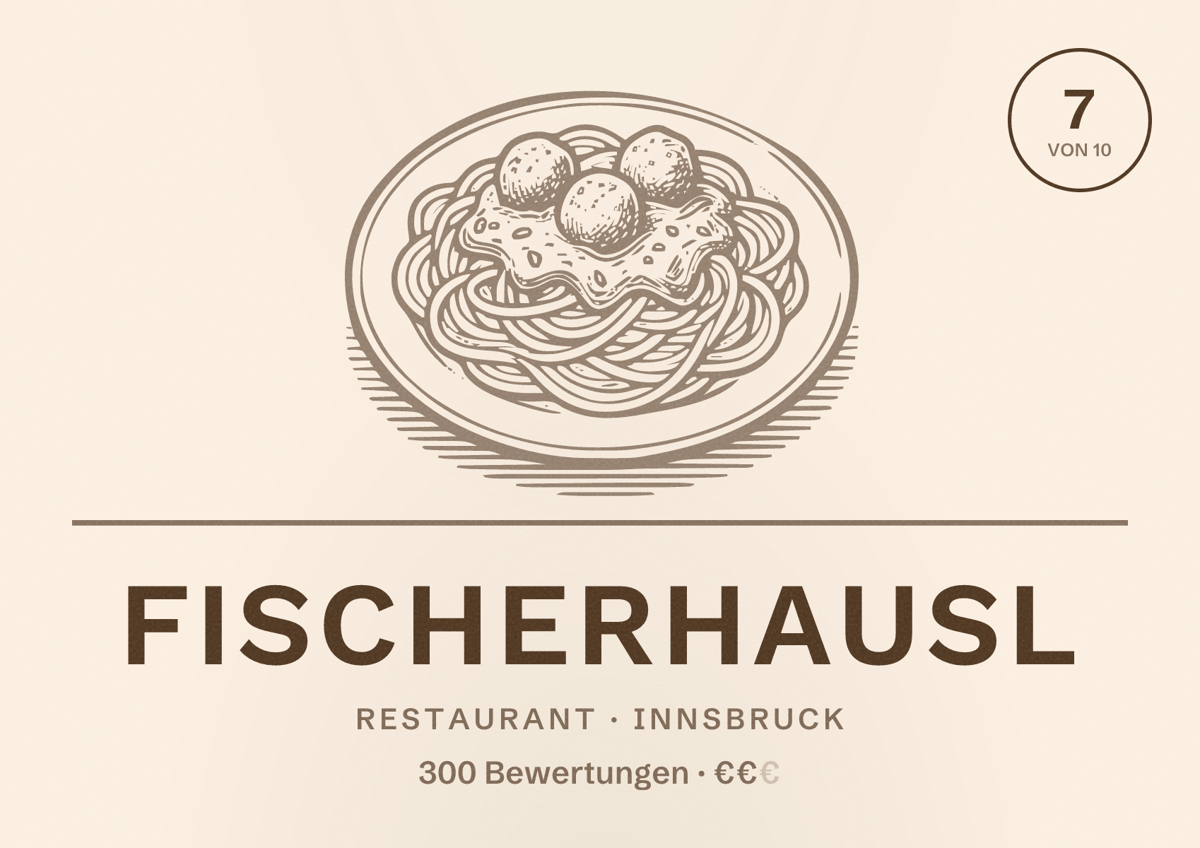 Illustriertes Poster von Fischerhausl, Restaurant in Innsbruck: Bewertung 7 von 10 aus 300 Bewertungen, Preisniveau €€