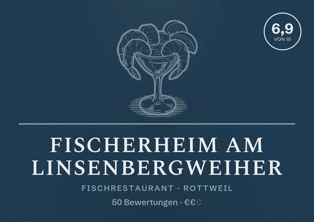 Illustriertes Poster von Fischerheim am Linsenbergweiher, Fischrestaurant in Rottweil: Bewertung 6,9 von 10 aus 50 Bewertungen, Preisniveau €€