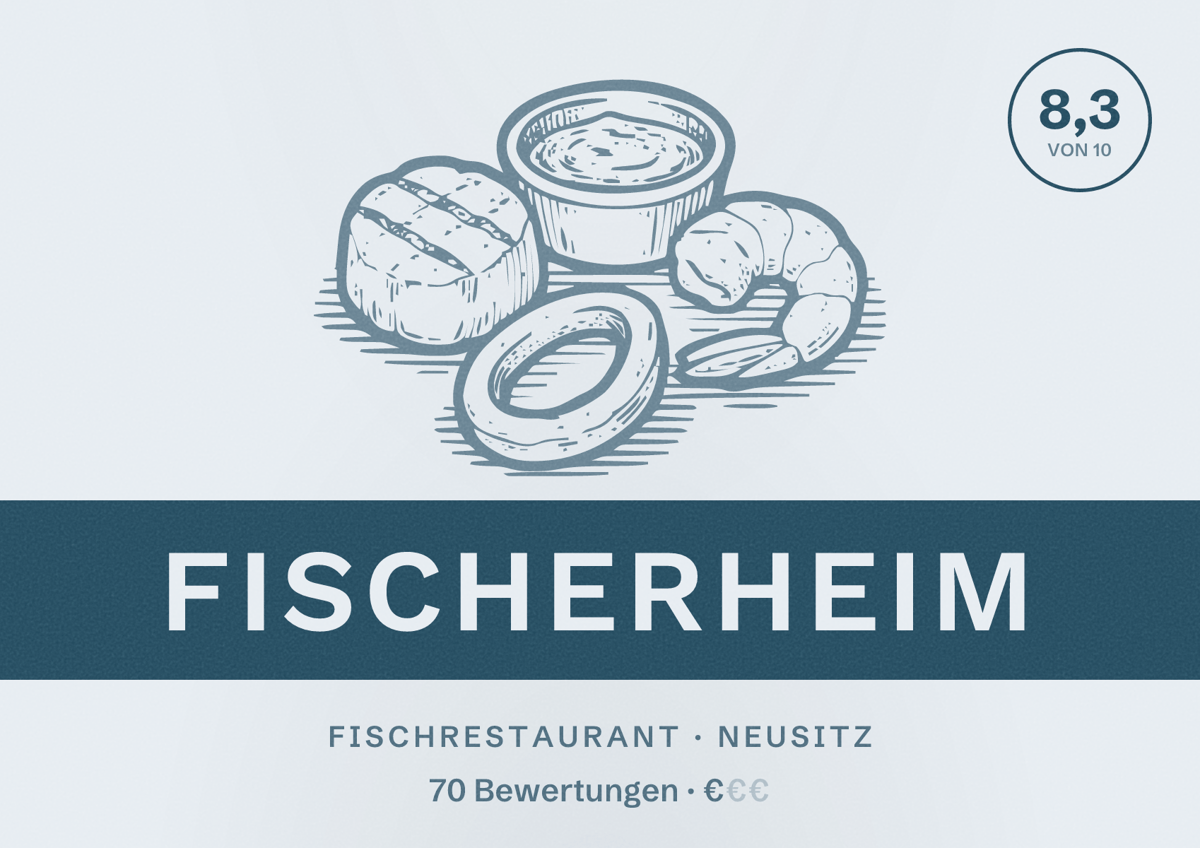 Illustriertes Poster von Fischerheim, Fischrestaurant in Neusitz: Bewertung 8,3 von 10 aus 70 Bewertungen, Preisniveau €