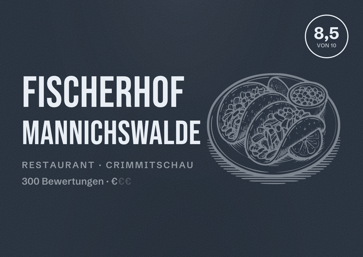 Illustriertes Poster von Fischerhof Mannichswalde, Restaurant in Crimmitschau: Bewertung 8,5 von 10 aus 300 Bewertungen, Preisniveau €