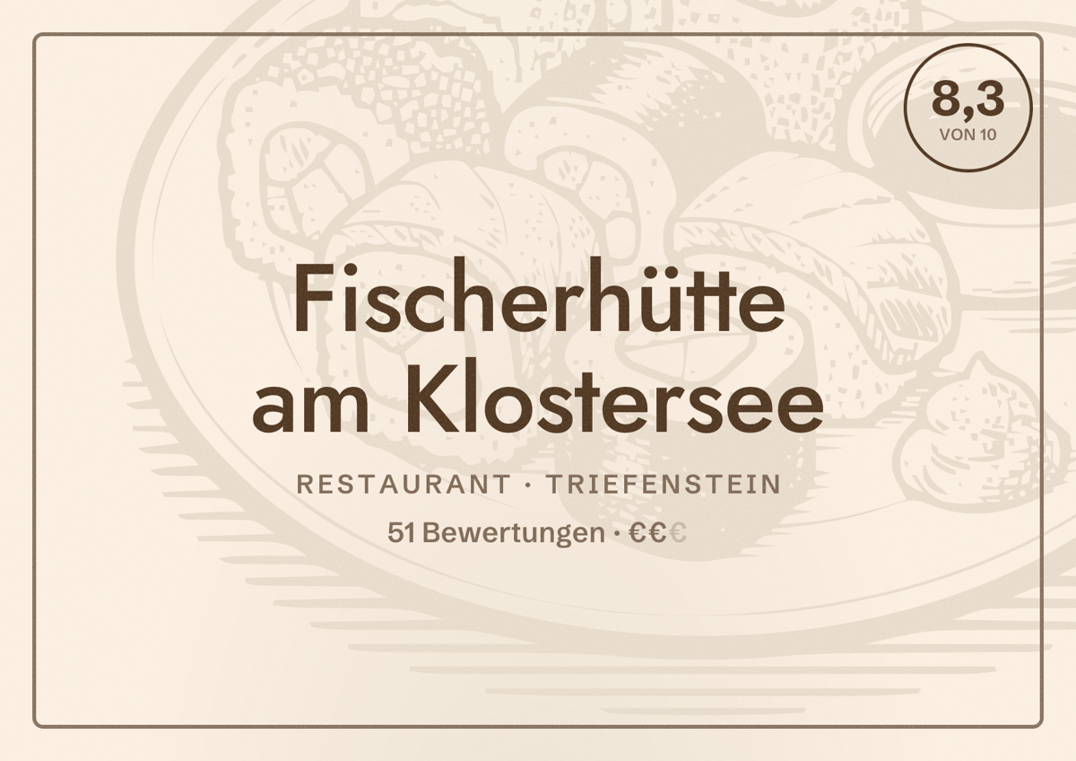 Illustriertes Poster von Fischerhütte am Klostersee, Restaurant in Triefenstein: Bewertung 8,3 von 10 aus 51 Bewertungen, Preisniveau €€