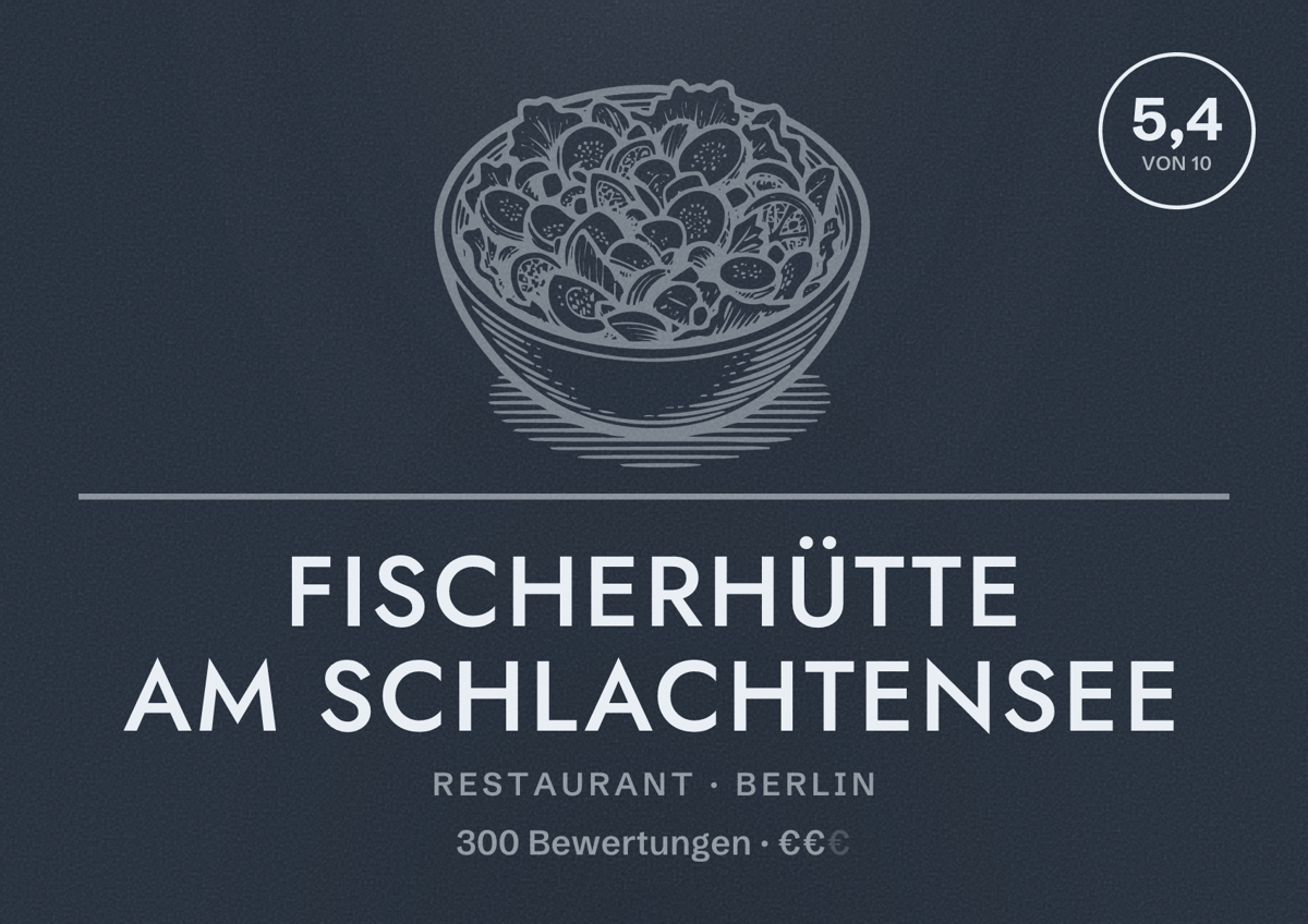 Illustriertes Poster von Fischerhütte am Schlachtensee, Restaurant in Berlin: Bewertung 5,4 von 10 aus 300 Bewertungen, Preisniveau €€