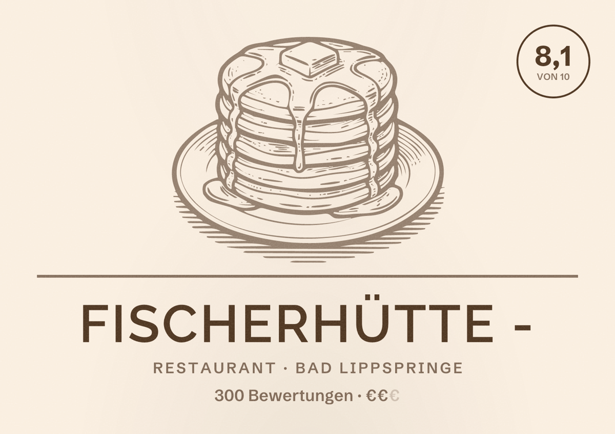 Illustriertes Poster von Fischerhütte -, Restaurant in Bad Lippspringe: Bewertung 8,1 von 10 aus 300 Bewertungen, Preisniveau €€