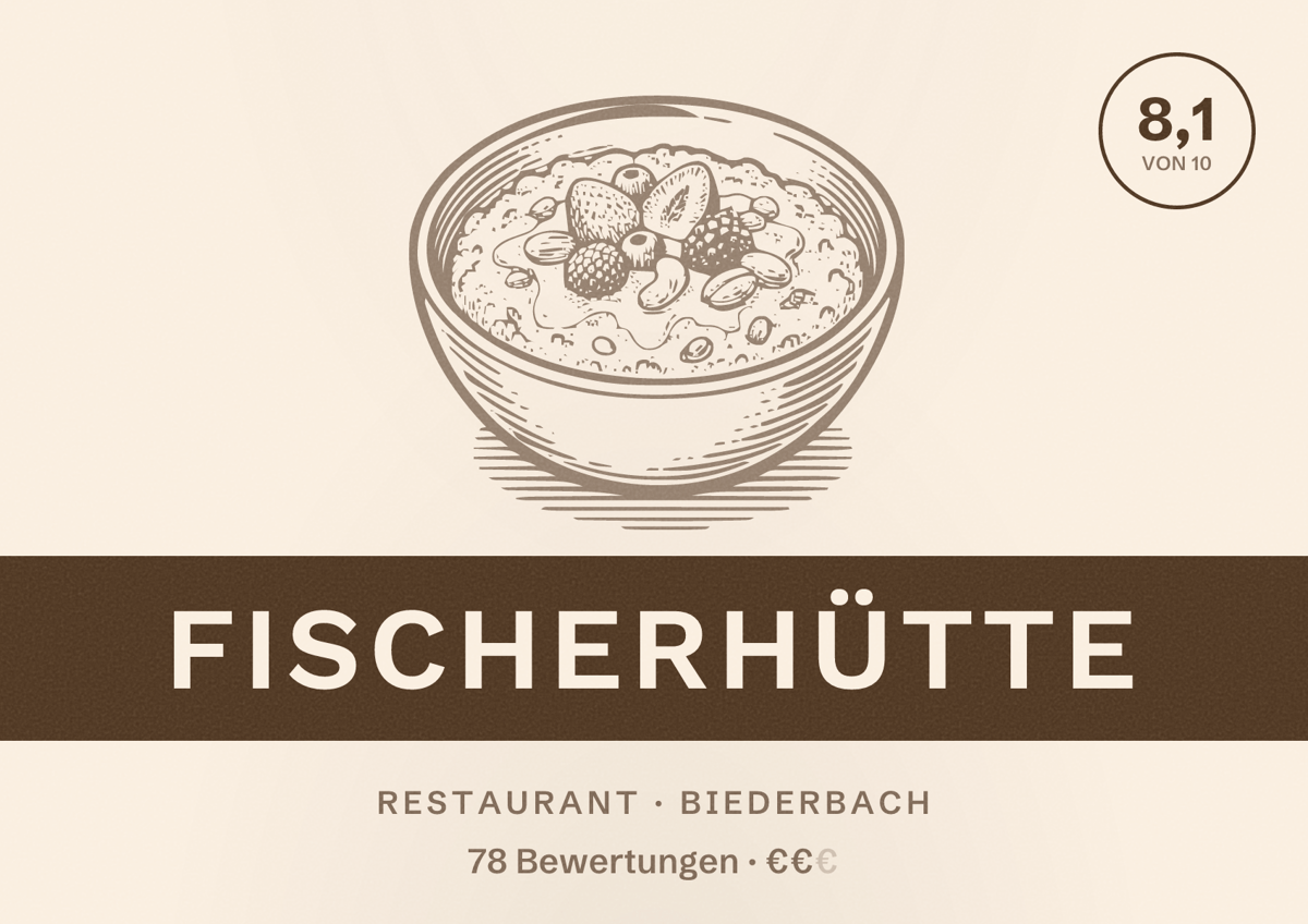 Illustriertes Poster von Fischerhütte, Restaurant in Biederbach: Bewertung 8,1 von 10 aus 78 Bewertungen, Preisniveau €€