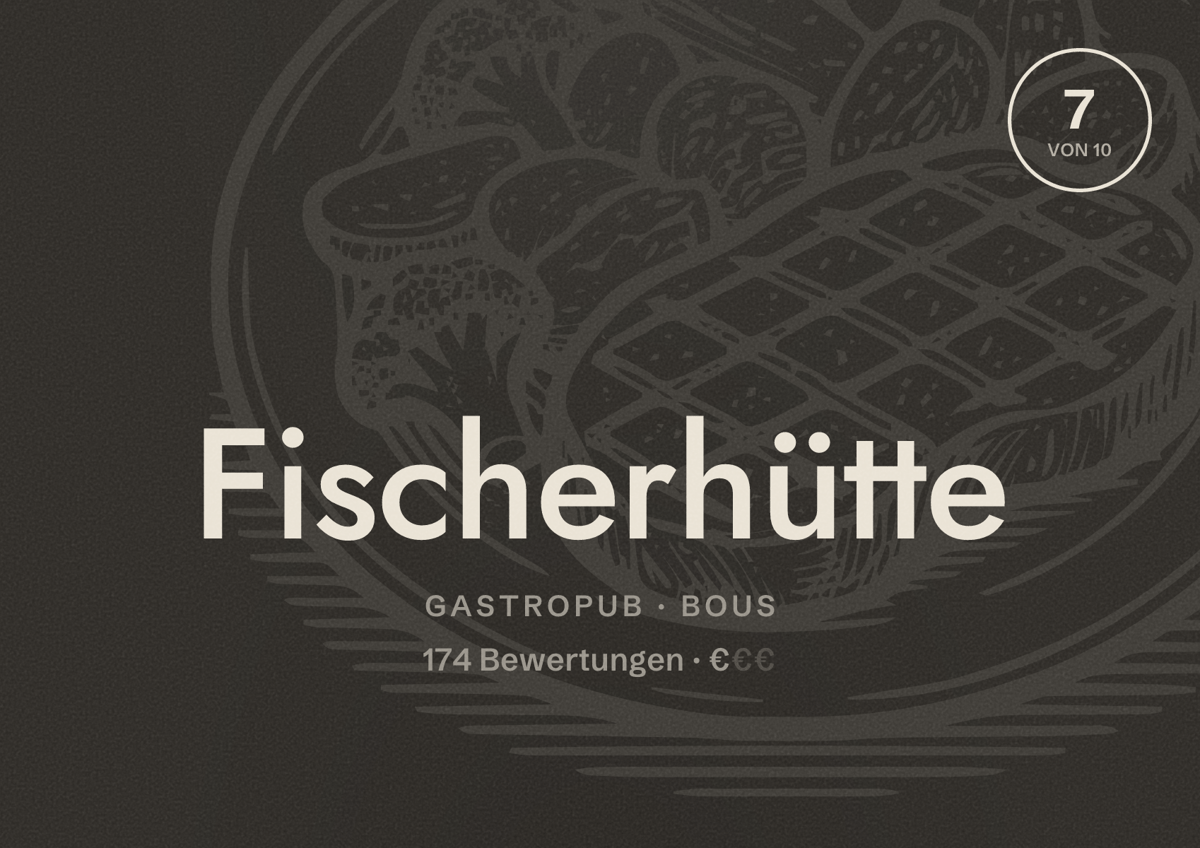 Illustriertes Poster von Fischerhütte, Gastropub in Bous: Bewertung 7 von 10 aus 174 Bewertungen, Preisniveau €