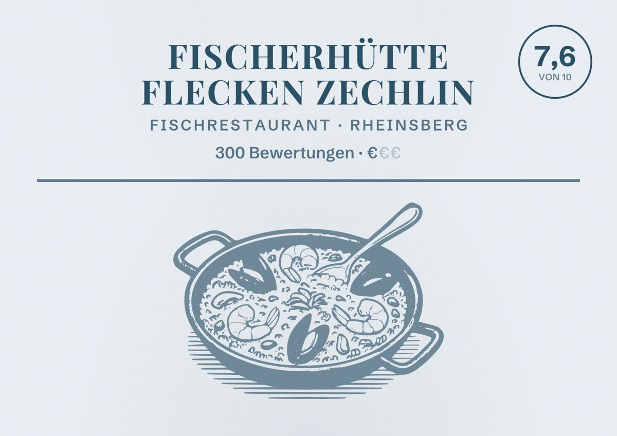 Illustriertes Poster von Fischerhütte Flecken Zechlin, Fischrestaurant in Rheinsberg: Bewertung 7,6 von 10 aus 300 Bewertungen, Preisniveau €