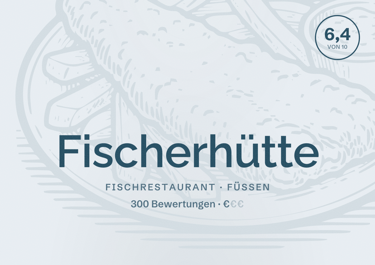 Illustriertes Poster von Fischerhütte, Fischrestaurant in Füssen: Bewertung 6,4 von 10 aus 300 Bewertungen, Preisniveau €