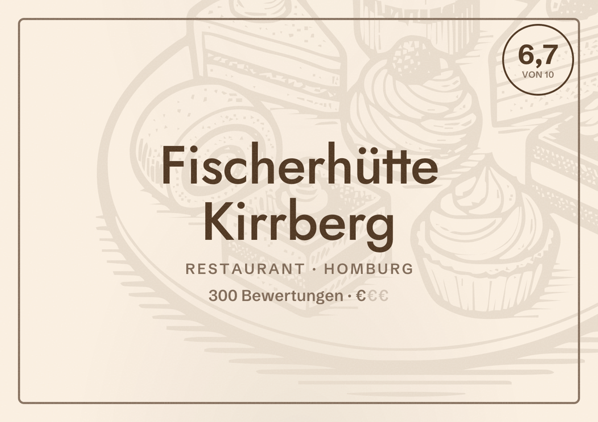 Illustriertes Poster von Fischerhütte Kirrberg, Restaurant in Homburg: Bewertung 6,7 von 10 aus 300 Bewertungen, Preisniveau €