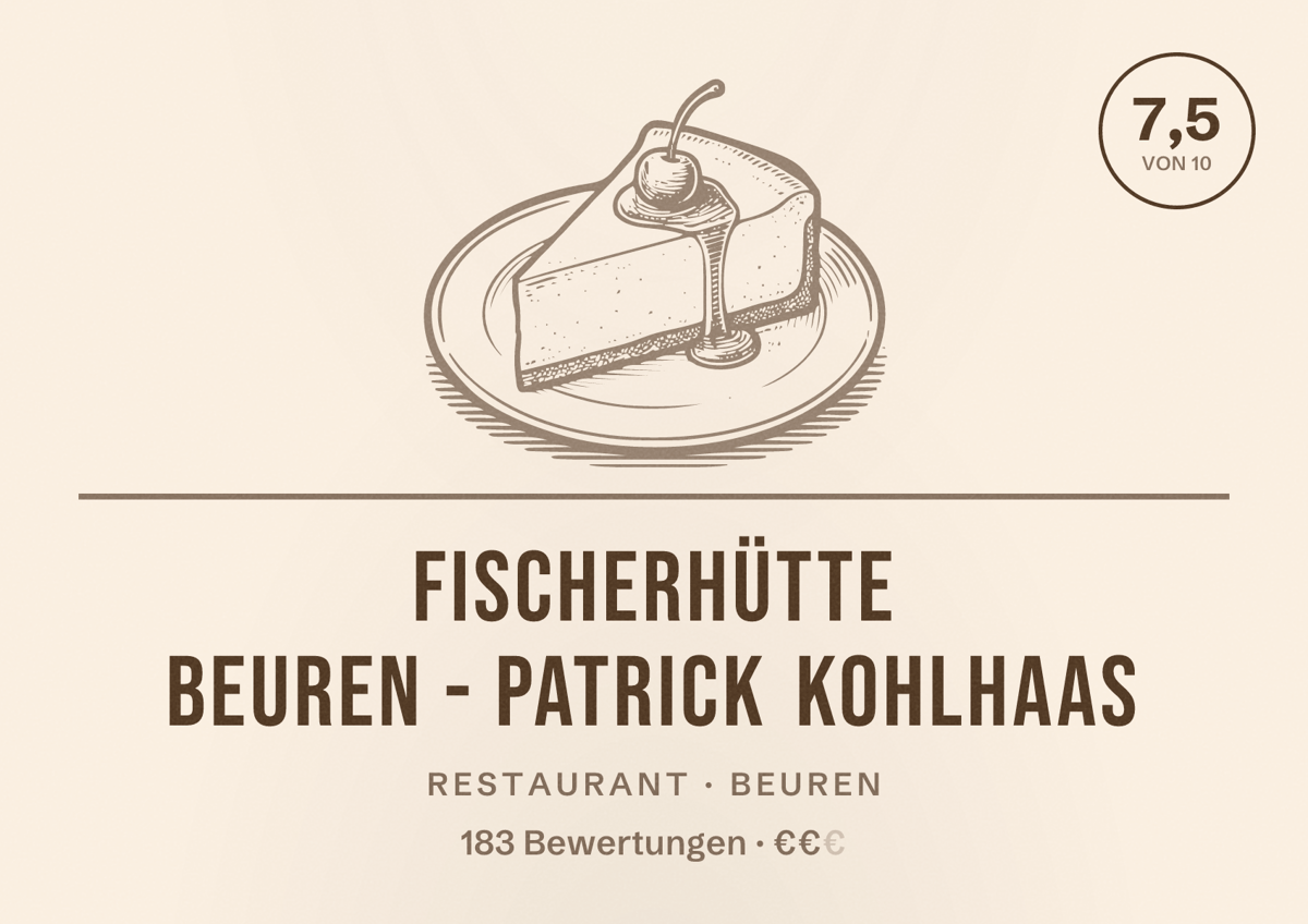 Illustriertes Poster von Fischerhütte Beuren - Patrick Kohlhaas, Restaurant in Beuren: Bewertung 7,5 von 10 aus 183 Bewertungen, Preisniveau €€