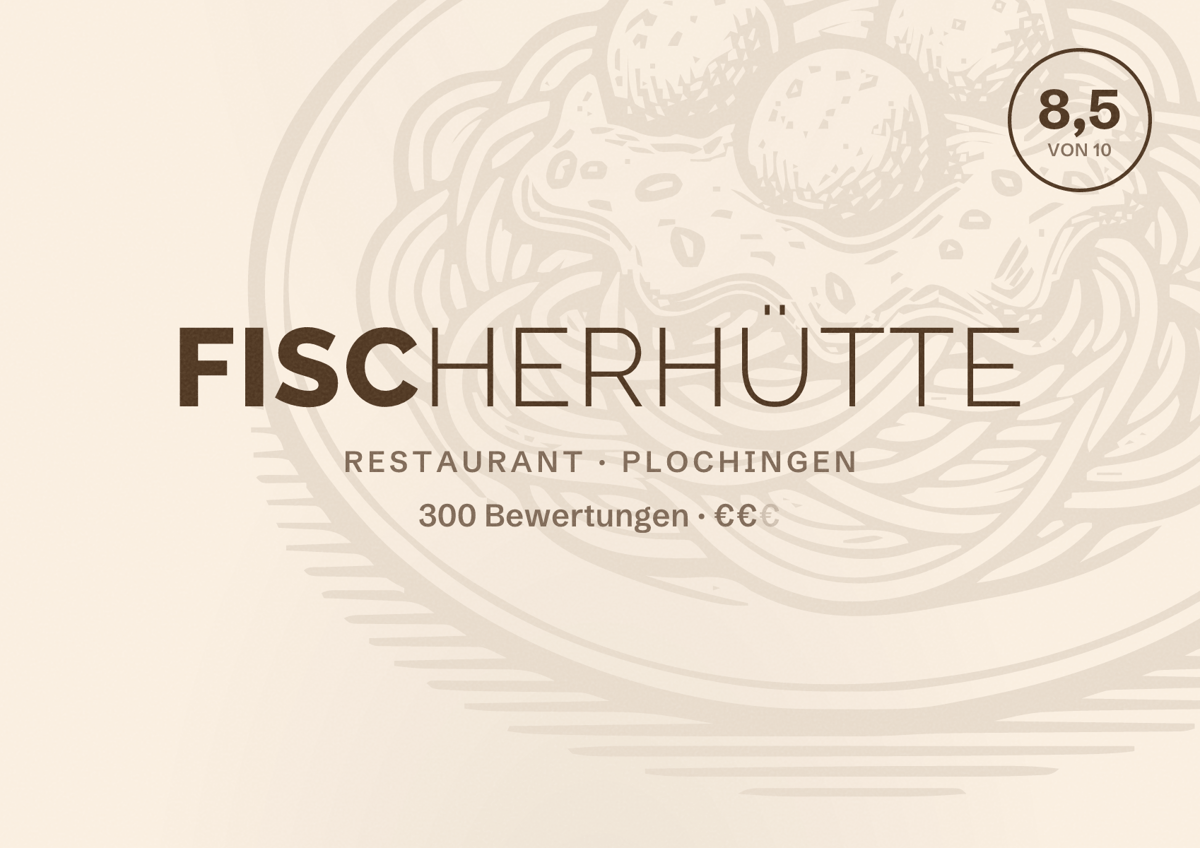 Illustriertes Poster von Fischerhütte, Restaurant in Plochingen: Bewertung 8,5 von 10 aus 300 Bewertungen, Preisniveau €€