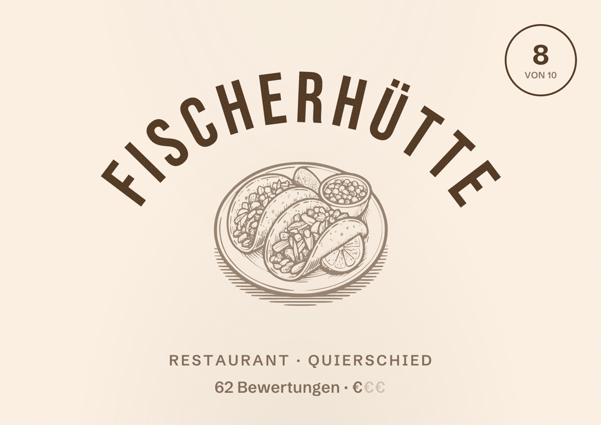 Illustriertes Poster von Fischerhütte, Restaurant in Quierschied: Bewertung 8 von 10 aus 62 Bewertungen, Preisniveau €