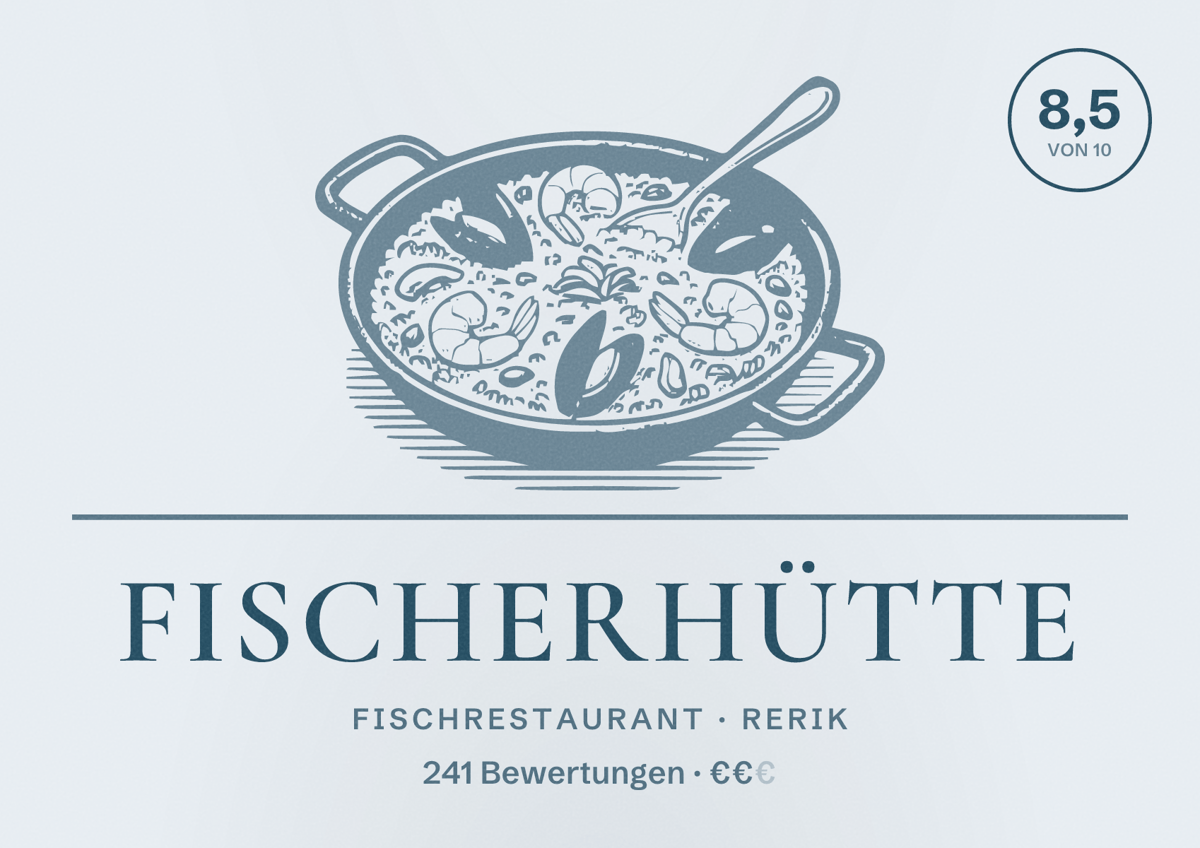 Illustriertes Poster von Fischerhütte, Fischrestaurant in Rerik: Bewertung 8,5 von 10 aus 241 Bewertungen, Preisniveau €€