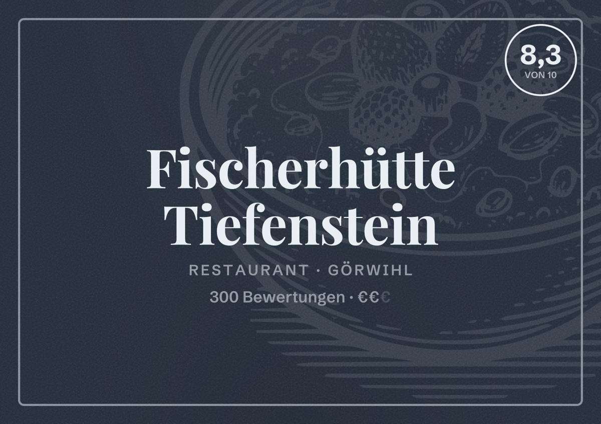 Illustriertes Poster von Fischerhütte Tiefenstein, Restaurant in Görwihl: Bewertung 8,3 von 10 aus 300 Bewertungen, Preisniveau €€