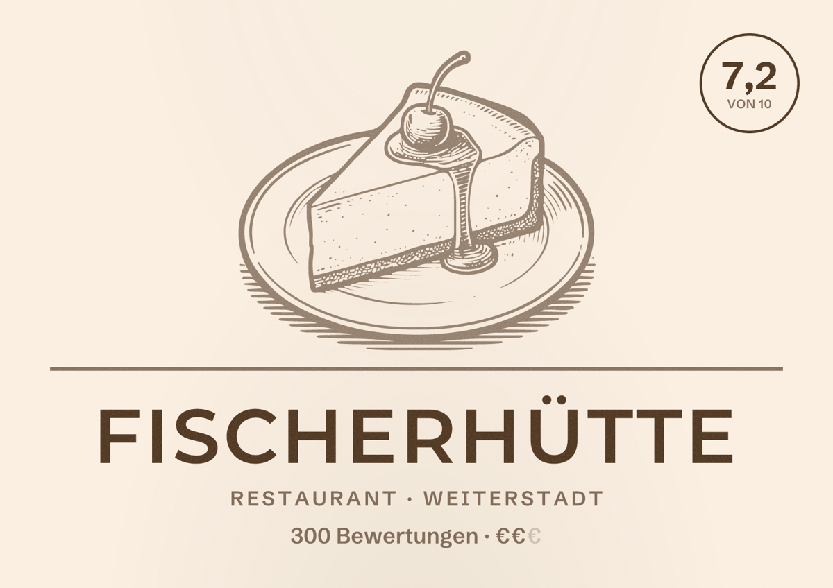 Illustriertes Poster von Fischerhütte, Restaurant in Weiterstadt: Bewertung 7,2 von 10 aus 300 Bewertungen, Preisniveau €€