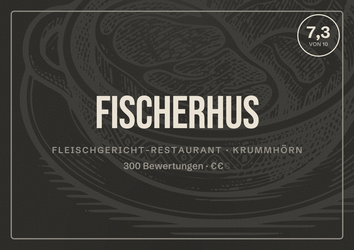 Illustriertes Poster von Fischerhus, Fleischgericht-Restaurant in Krummhörn: Bewertung 7,3 von 10 aus 300 Bewertungen, Preisniveau €€