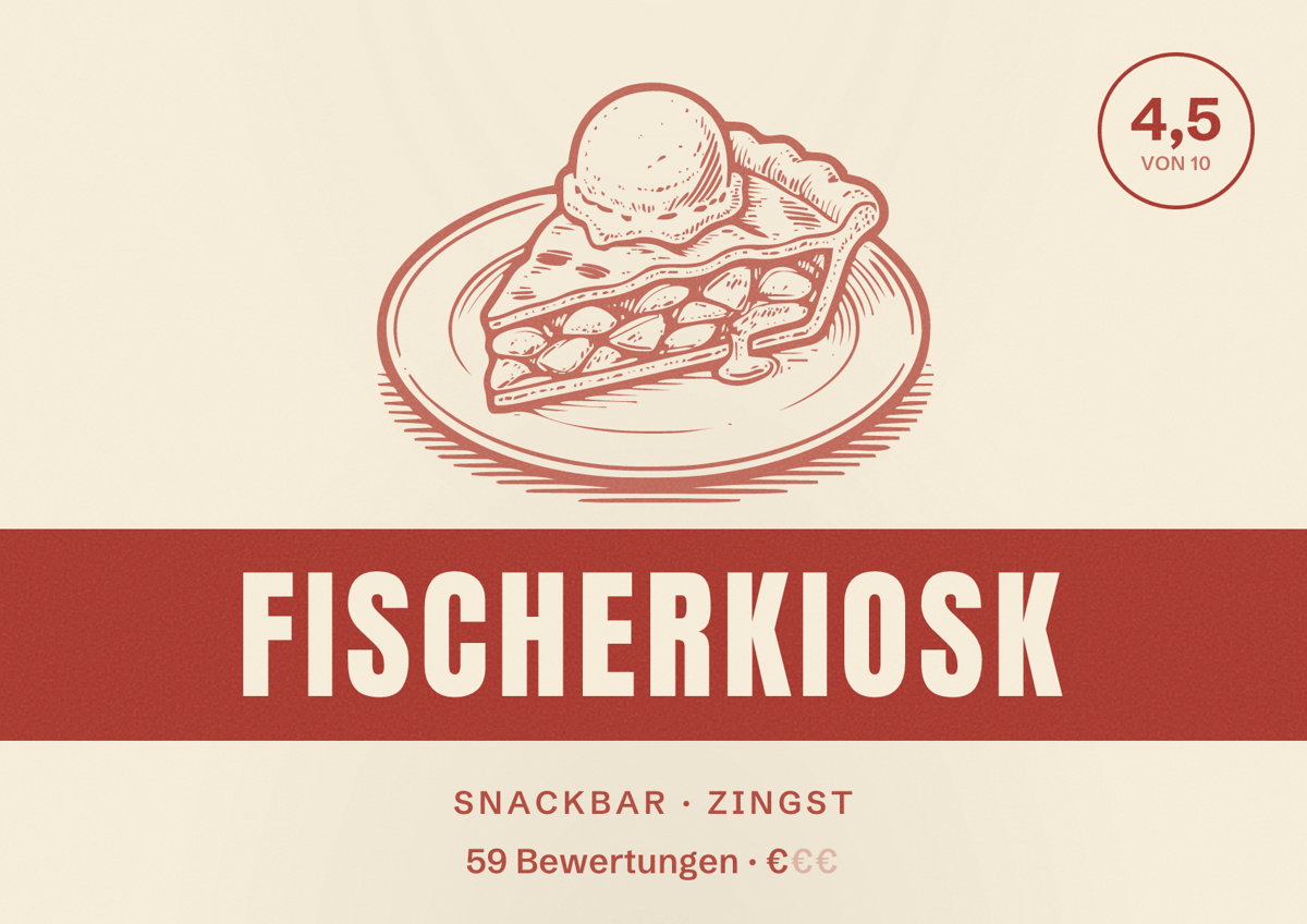 Illustriertes Poster von Fischerkiosk, Snackbar in Zingst: Bewertung 4,5 von 10 aus 59 Bewertungen, Preisniveau €