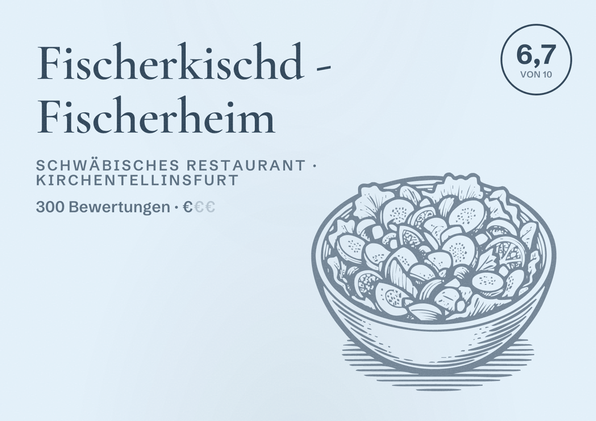 Illustriertes Poster von Fischerkischd - Fischerheim, Schwäbisches Restaurant in Kirchentellinsfurt: Bewertung 6,7 von 10 aus 300 Bewertungen, Preisniveau €