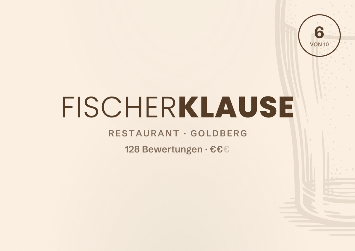 Illustriertes Poster von Fischerklause, Restaurant in Goldberg: Bewertung 6 von 10 aus 128 Bewertungen, Preisniveau €€