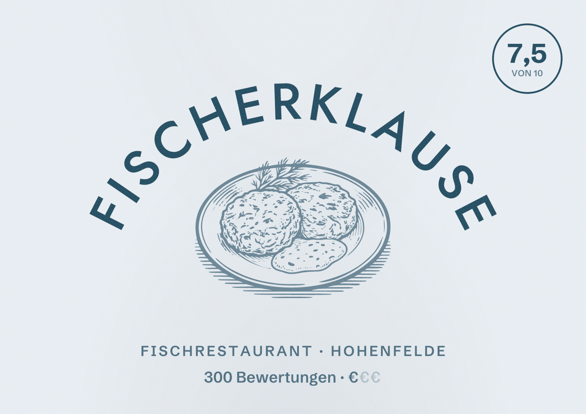 Illustriertes Poster von Fischerklause, Fischrestaurant in Hohenfelde: Bewertung 7,5 von 10 aus 300 Bewertungen, Preisniveau €