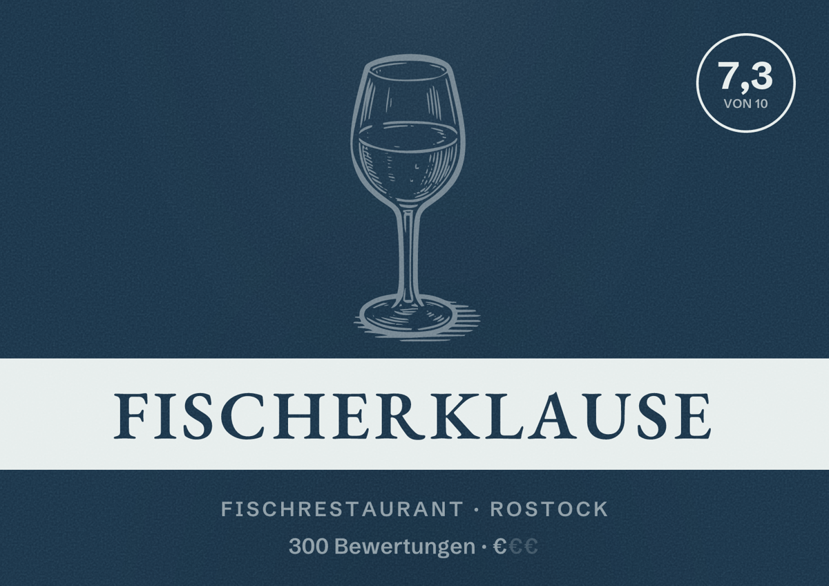 Illustriertes Poster von Fischerklause, Fischrestaurant in Rostock: Bewertung 7,3 von 10 aus 300 Bewertungen, Preisniveau €