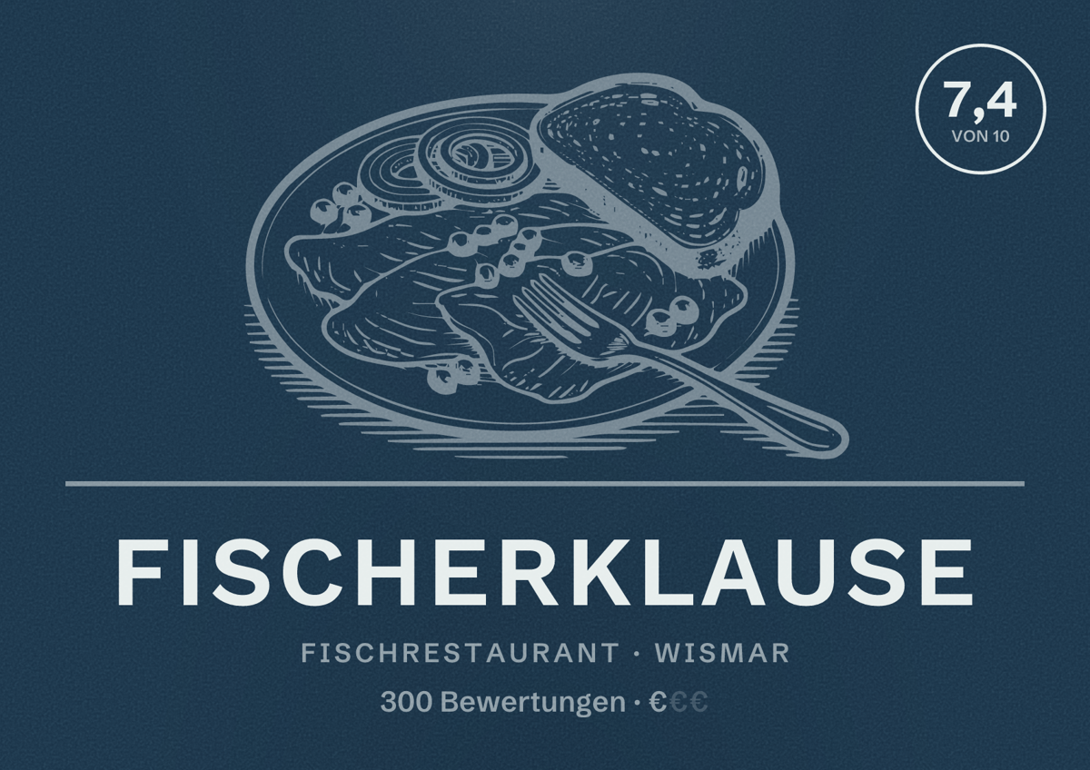 Illustriertes Poster von Fischerklause, Fischrestaurant in Wismar: Bewertung 7,4 von 10 aus 300 Bewertungen, Preisniveau €