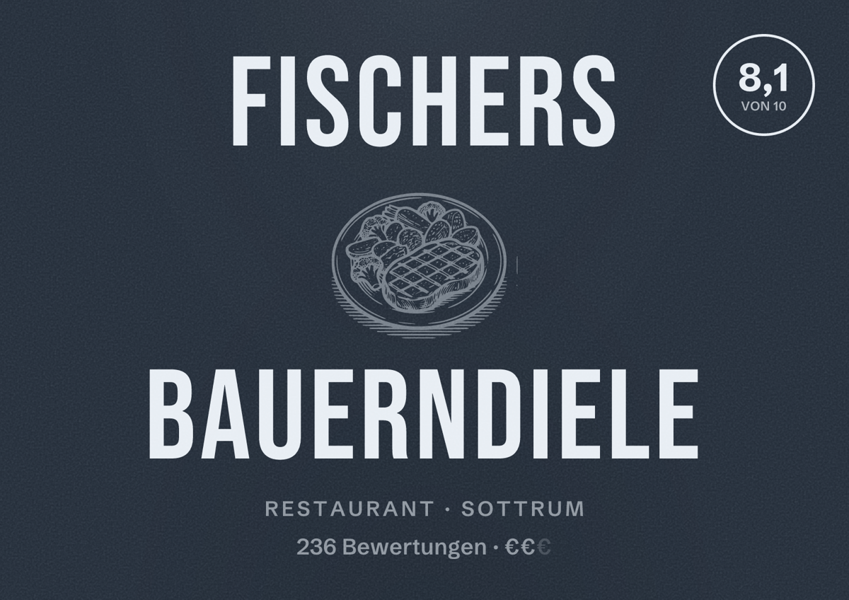 Illustriertes Poster von Fischers Bauerndiele, Restaurant in Sottrum: Bewertung 8,1 von 10 aus 236 Bewertungen, Preisniveau €€