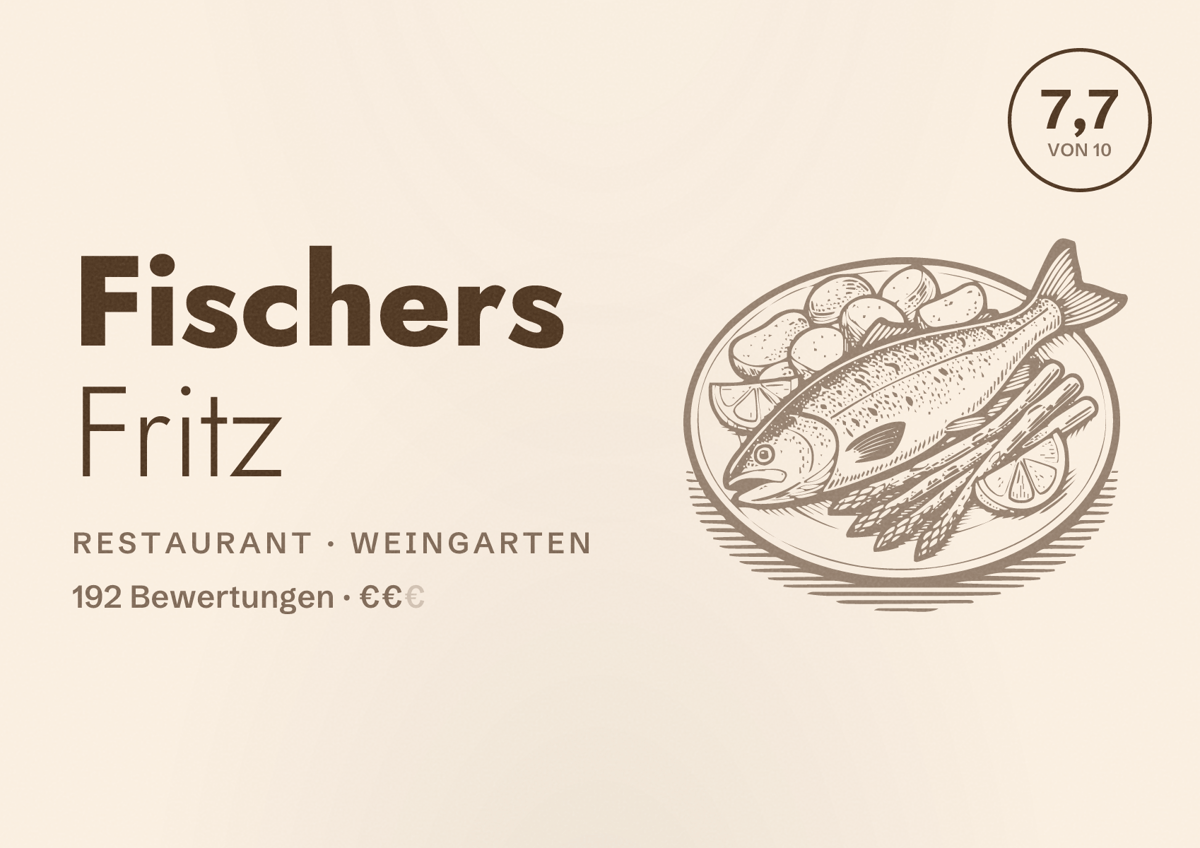 Illustriertes Poster von Fischers Fritz, Restaurant in Weingarten: Bewertung 7,7 von 10 aus 192 Bewertungen, Preisniveau €€