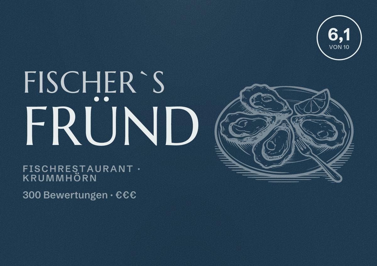 Illustriertes Poster von Fischer`s Fründ, Fischrestaurant in Krummhörn: Bewertung 6,1 von 10 aus 300 Bewertungen, Preisniveau €€€