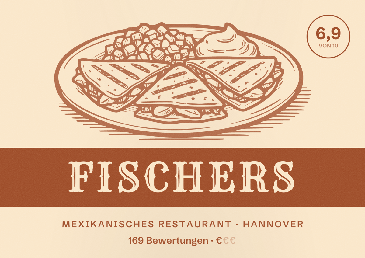 Illustriertes Poster von Fischers, Mexikanisches Restaurant in Hannover: Bewertung 6,9 von 10 aus 169 Bewertungen, Preisniveau €