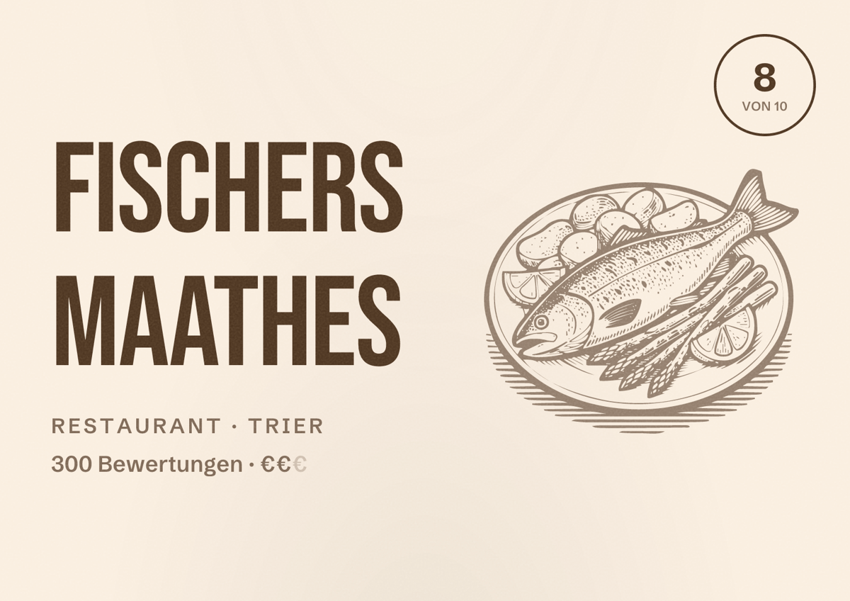 Illustriertes Poster von Fischers Maathes, Restaurant in Trier: Bewertung 8 von 10 aus 300 Bewertungen, Preisniveau €€