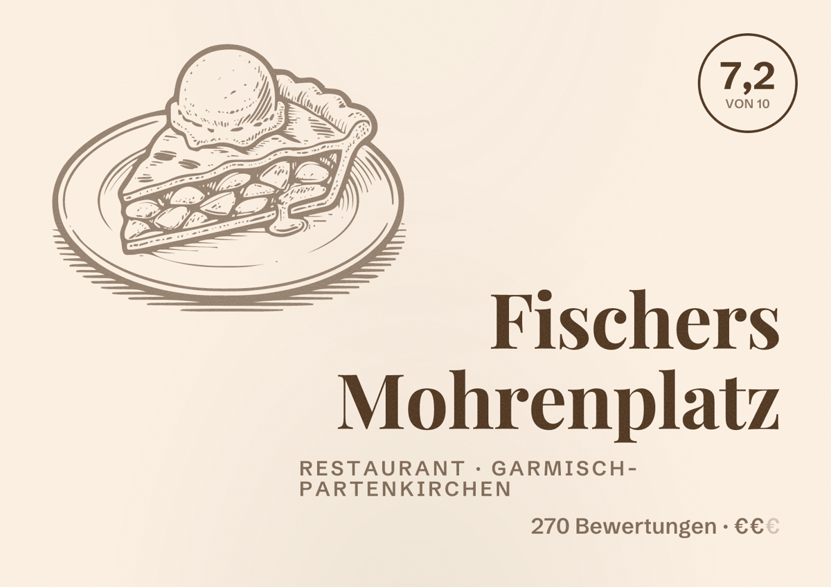 Illustriertes Poster von Fischers Mohrenplatz, Restaurant in Garmisch-Partenkirchen: Bewertung 7,2 von 10 aus 270 Bewertungen, Preisniveau €€