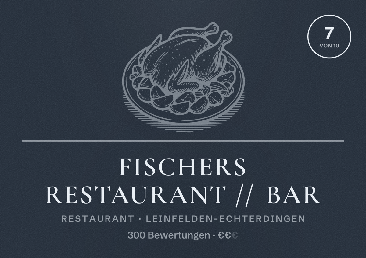 Illustriertes Poster von FISCHERS Restaurant // Bar, Restaurant in Leinfelden-Echterdingen: Bewertung 7 von 10 aus 300 Bewertungen, Preisniveau €€