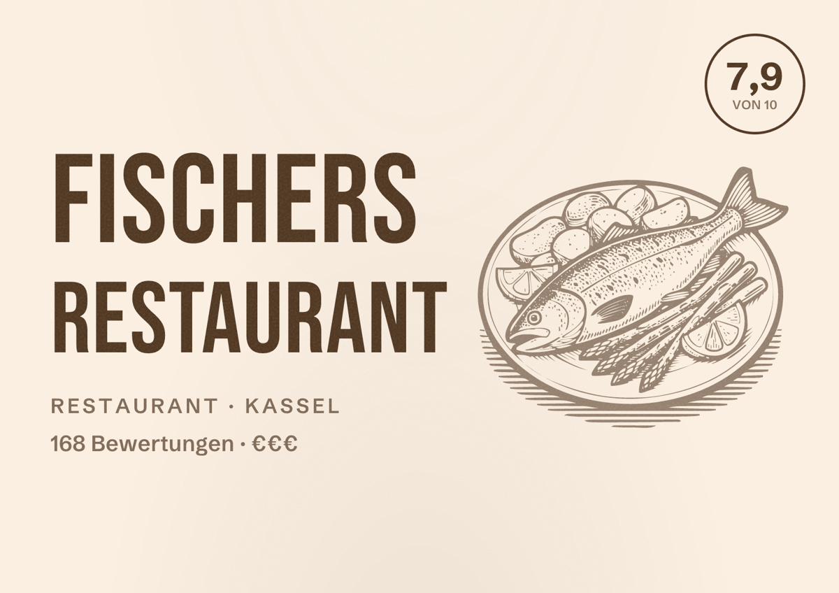 Illustriertes Poster von Fischers Restaurant, Restaurant in Kassel: Bewertung 7,9 von 10 aus 168 Bewertungen, Preisniveau €€€