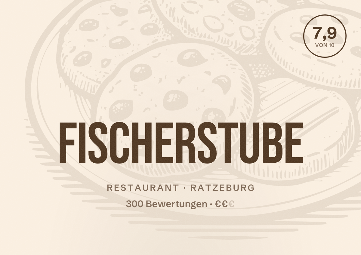 Illustriertes Poster von Fischerstube, Restaurant in Ratzeburg: Bewertung 7,9 von 10 aus 300 Bewertungen, Preisniveau €€