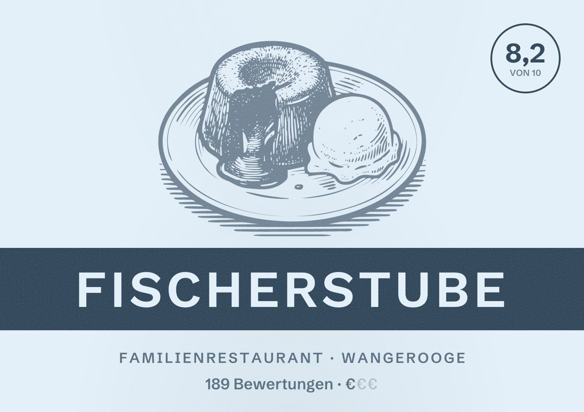Illustriertes Poster von Fischerstube, Familienrestaurant in Wangerooge: Bewertung 8,2 von 10 aus 189 Bewertungen, Preisniveau €