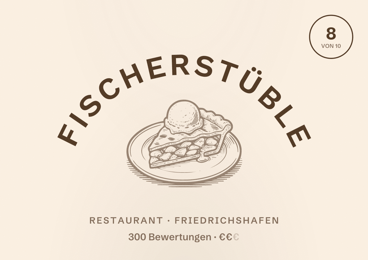 Illustriertes Poster von Fischerstüble, Restaurant in Friedrichshafen: Bewertung 8 von 10 aus 300 Bewertungen, Preisniveau €€