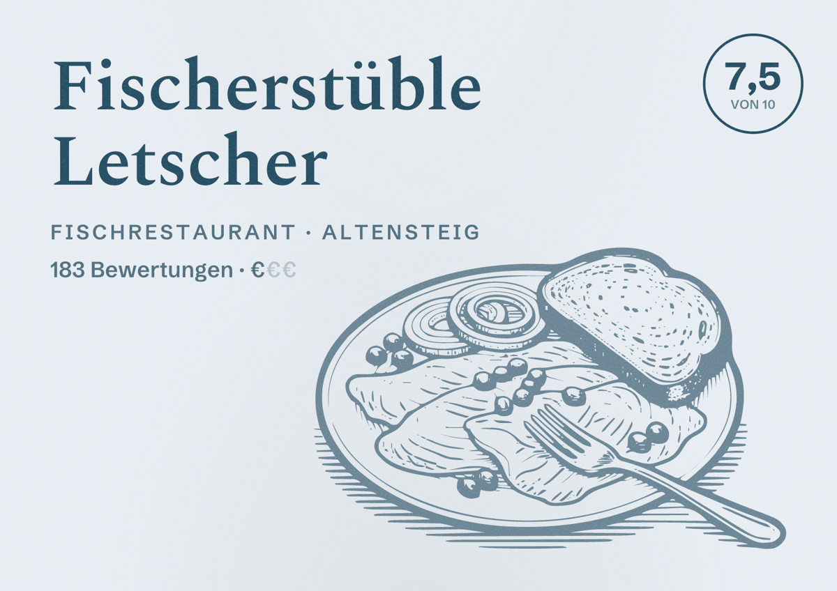 Illustriertes Poster von Fischerstüble Letscher, Fischrestaurant in Altensteig: Bewertung 7,5 von 10 aus 183 Bewertungen, Preisniveau €