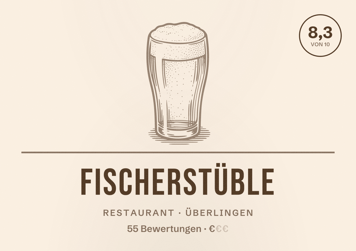 Illustriertes Poster von Fischerstüble, Restaurant in Überlingen: Bewertung 8,3 von 10 aus 55 Bewertungen, Preisniveau €