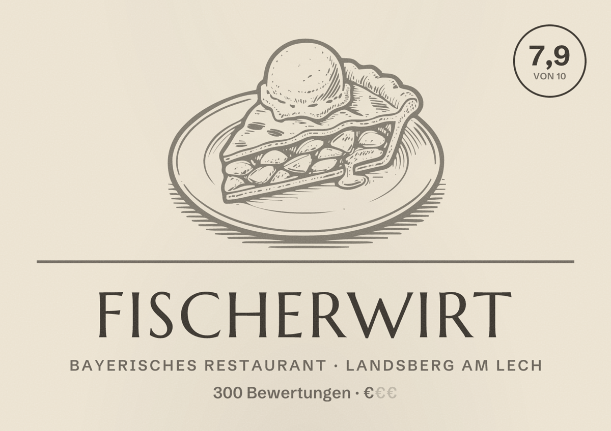 Illustriertes Poster von Fischerwirt, Bayerisches Restaurant in Landsberg am Lech: Bewertung 7,9 von 10 aus 300 Bewertungen, Preisniveau €