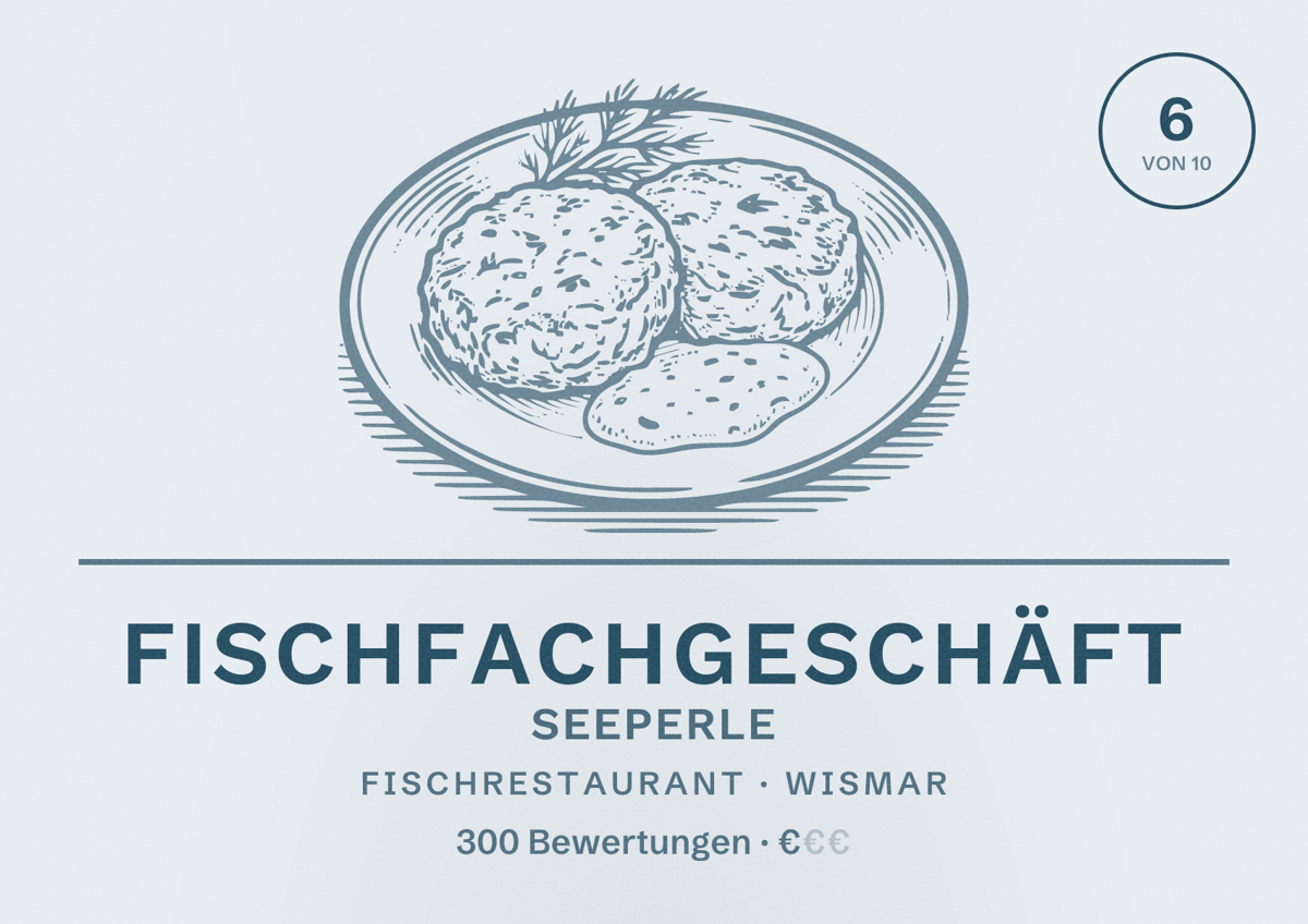 Illustriertes Poster von Fischfachgeschäft Seeperle, Fischrestaurant in Wismar: Bewertung 6 von 10 aus 300 Bewertungen, Preisniveau €