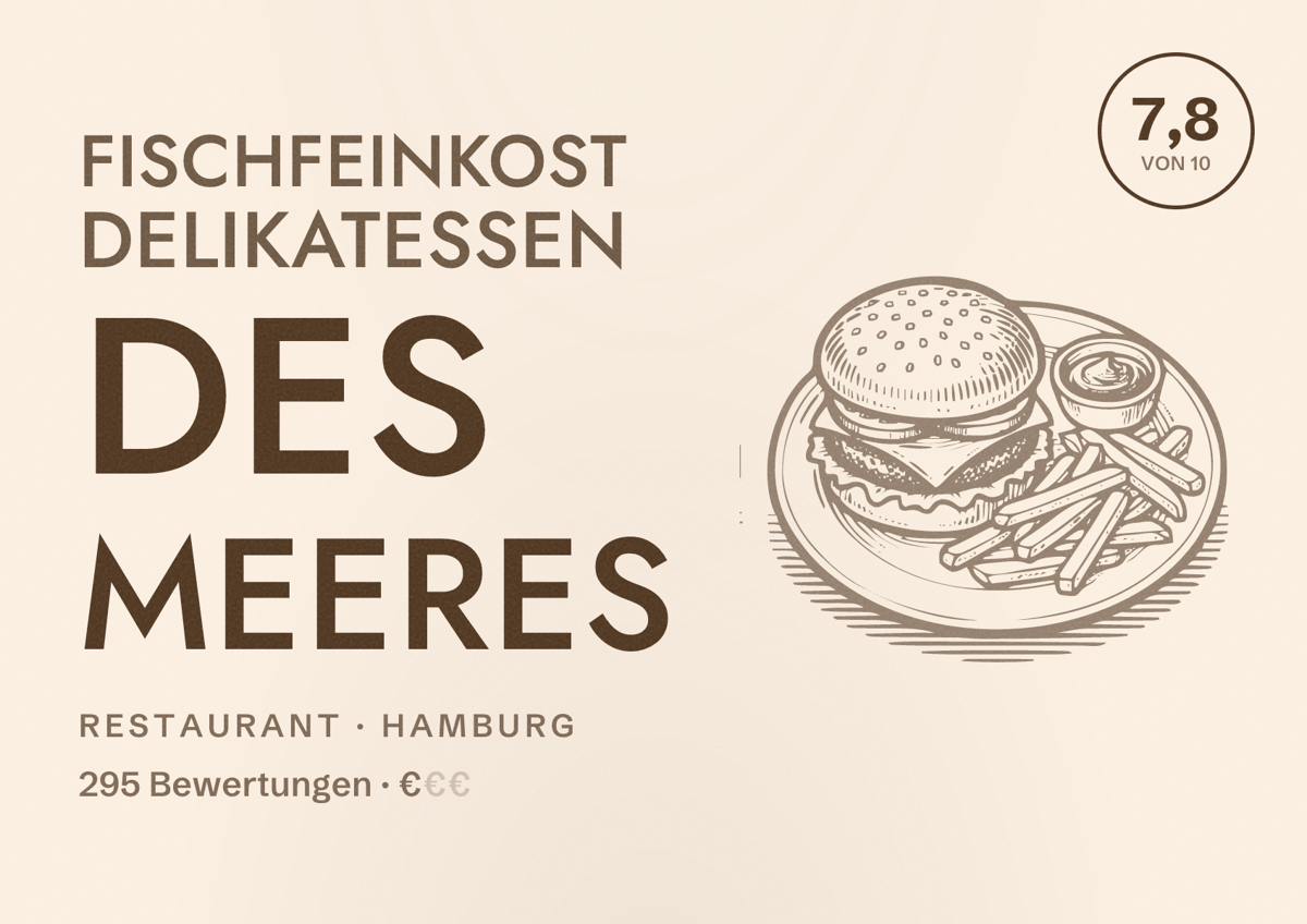 Illustriertes Poster von Fischfeinkost Delikatessen des Meeres, Restaurant in Hamburg: Bewertung 7,8 von 10 aus 295 Bewertungen, Preisniveau €