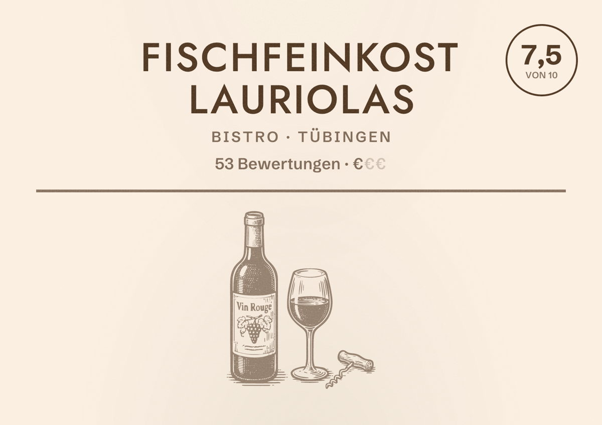 Illustriertes Poster von Fischfeinkost Lauriolas, Bistro in Tübingen: Bewertung 7,5 von 10 aus 53 Bewertungen, Preisniveau €