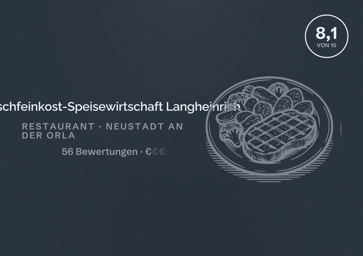 Illustriertes Poster von Fischfeinkost-Speisewirtschaft Langheinrich, Restaurant in Neustadt an der Orla: Bewertung 8,1 von 10 aus 56 Bewertungen, Preisniveau €