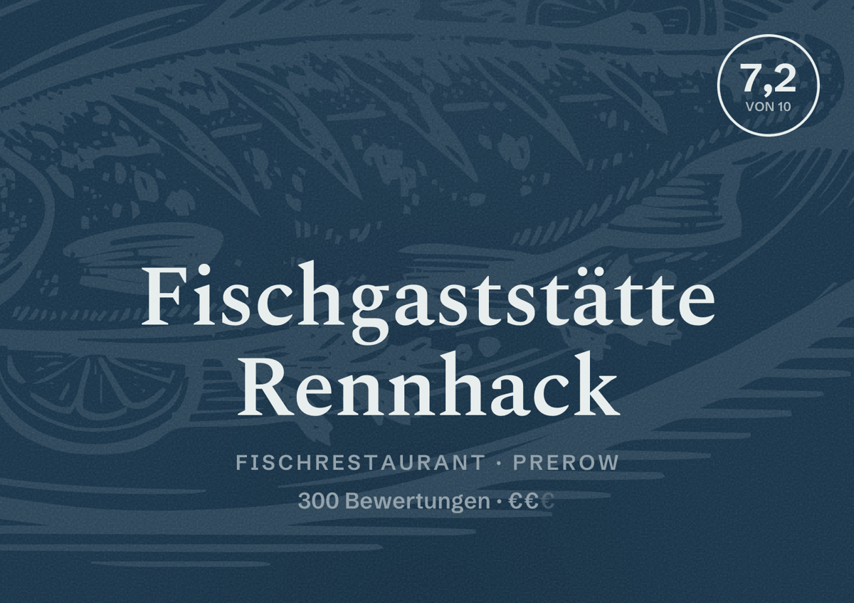 Illustriertes Poster von Fischgaststätte Rennhack, Fischrestaurant in Prerow: Bewertung 7,2 von 10 aus 300 Bewertungen, Preisniveau €€