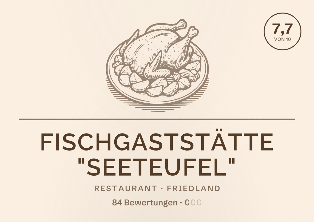 Illustriertes Poster von Fischgaststätte "Seeteufel", Restaurant in Friedland: Bewertung 7,7 von 10 aus 84 Bewertungen, Preisniveau €